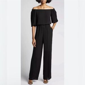 THEORY Classic Georgette Silk Off the Shoulder Black Jumpsuit Size P (00-0)